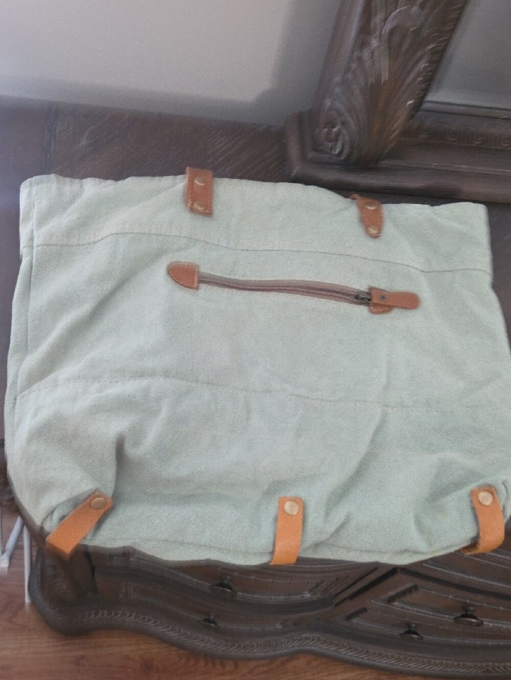 Myra Bag Sage Green Canvas Tote with Brown Leather Straps - Picture 9 of 15